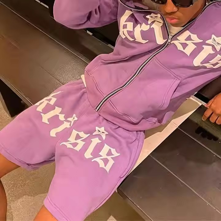 Custom Heavyweight Tracksuit Mens Streetwear Hoodie and Shorts Sets French Terry 3D Puff Printing Full Zip up Hoodies