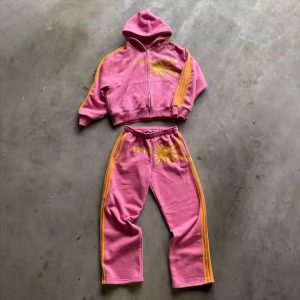 Custom Vintage Striped Zip up Hoodie and Flare Sweatpants Set French Terry Cotton Baggy Oversized Acid Wash Tracksuit for Men