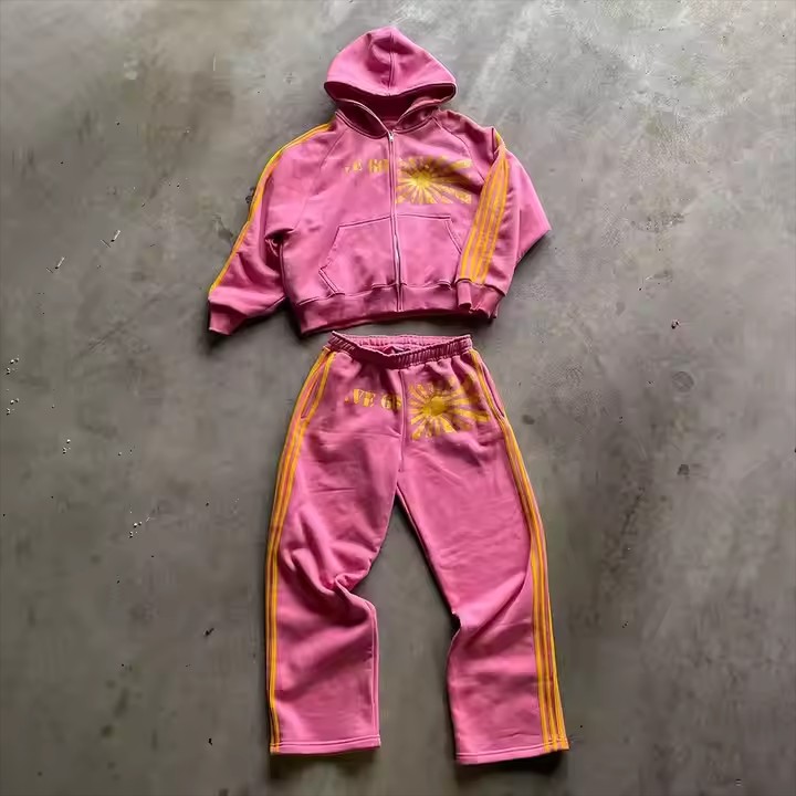 Custom Vintage Striped Zip up Hoodie and Flare Sweatpants Set French Terry Cotton Baggy Oversized Acid Wash Tracksuit for Men