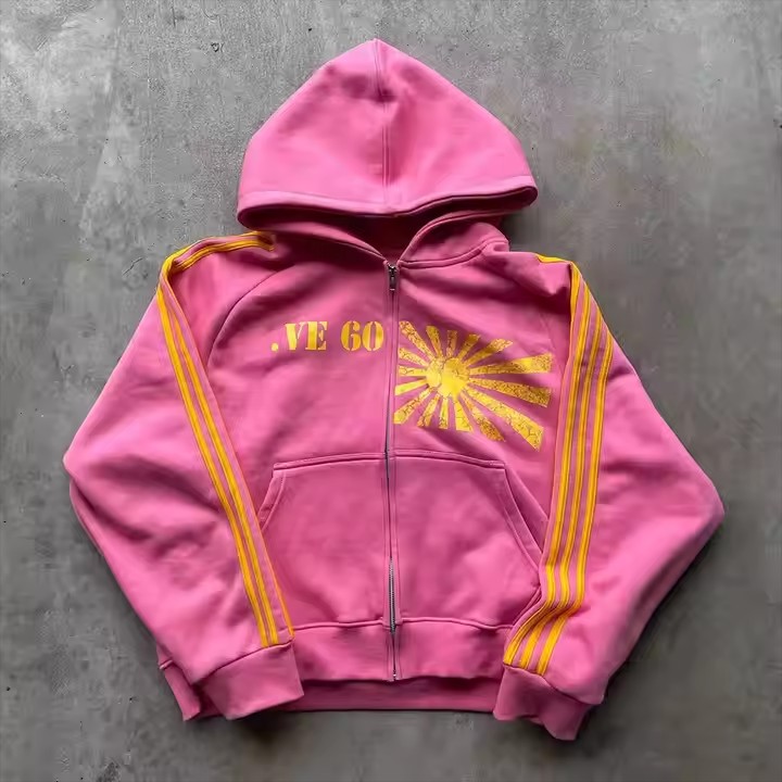 Custom Vintage Striped Zip up Hoodie and Flare Sweatpants Set French Terry Cotton Baggy Oversized Acid Wash Tracksuit for Men