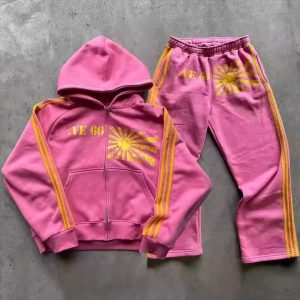 Custom Vintage Striped Zip up Hoodie and Flare Sweatpants Set French Terry Cotton Baggy Oversized Acid Wash Tracksuit for Men