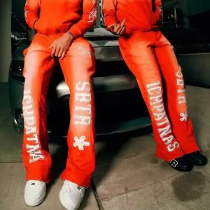 Custom Vintage Hoodie and Sweatpants Jogger Two Piece Set Screen Dtg Print Flared Pants Suit Sun Faded Acid Wash Men Tracksuits