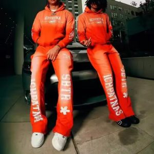 Custom Vintage Hoodie and Sweatpants Jogger Two Piece Set Screen Dtg Print Flared Pants Suit Sun Faded Acid Wash Men Tracksuits