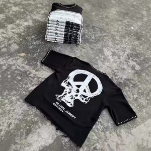 Custom High Quality 100% Organic Cotton 250 Gsm T Shirt Heavyweight Rhinestone Raw Hem Cropped Boxy T Shirt