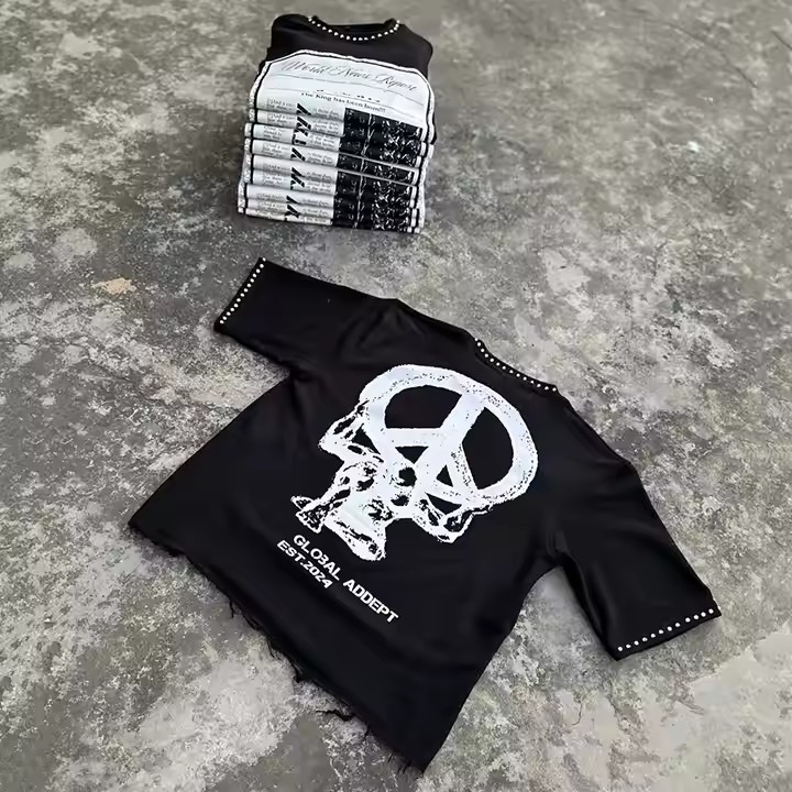 Custom High Quality 100% Organic Cotton 250 Gsm T Shirt Heavyweight Rhinestone Raw Hem Cropped Boxy T Shirt