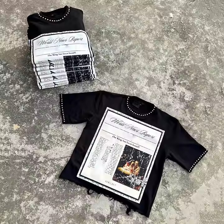 Custom High Quality 100% Organic Cotton 250 Gsm T Shirt Heavyweight Rhinestone Raw Hem Cropped Boxy T Shirt