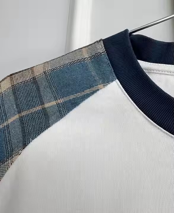 Custom Embroidery Logo High Quality Plaid Raglan Sleeve Flannel Heavy Organic Cotton Oversized Boxy T-Shirt for Men