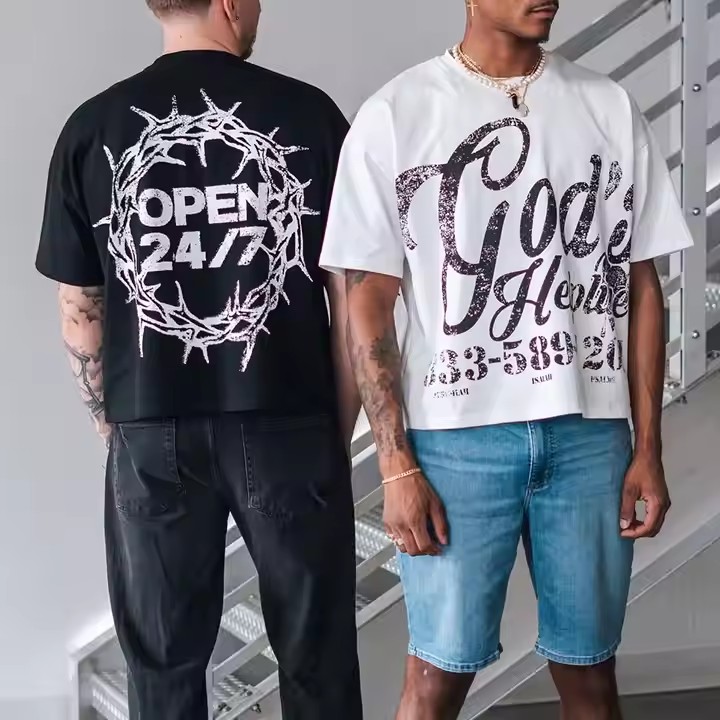 Custom 2025 New Summer Streetwear Mens Heavy Cotton Graphic Print T-Shirt O Neck Vintage Boxy Fit Cropped T Shirt