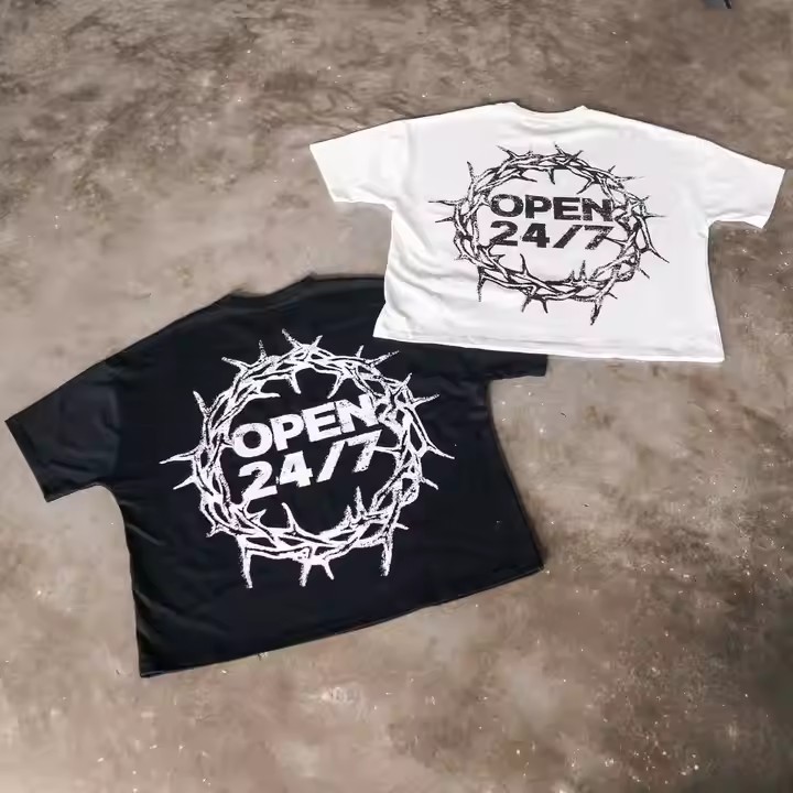 Custom 2025 New Summer Streetwear Mens Heavy Cotton Graphic Print T-Shirt O Neck Vintage Boxy Fit Cropped T Shirt
