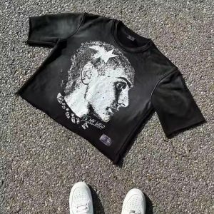 Custom 100% Cotton 300 Gsm Heavy Weight T Shirt Graphic Printing Raw Hem Boxy Cropped Vintage Acid Washed T Shirt