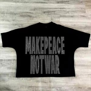 Custom Logo Graphic T-Shirts Drop Shoulder Heavy Cotton Oversized Heavyweight Rhinestone Cropped Boxy T Shirt for Men