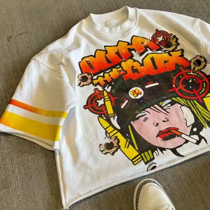 Custom High Quality Casual Streetwear Heavyweight French Terry Graphic Boxy Cropped Silk Screen Printed Retro T-Shirt