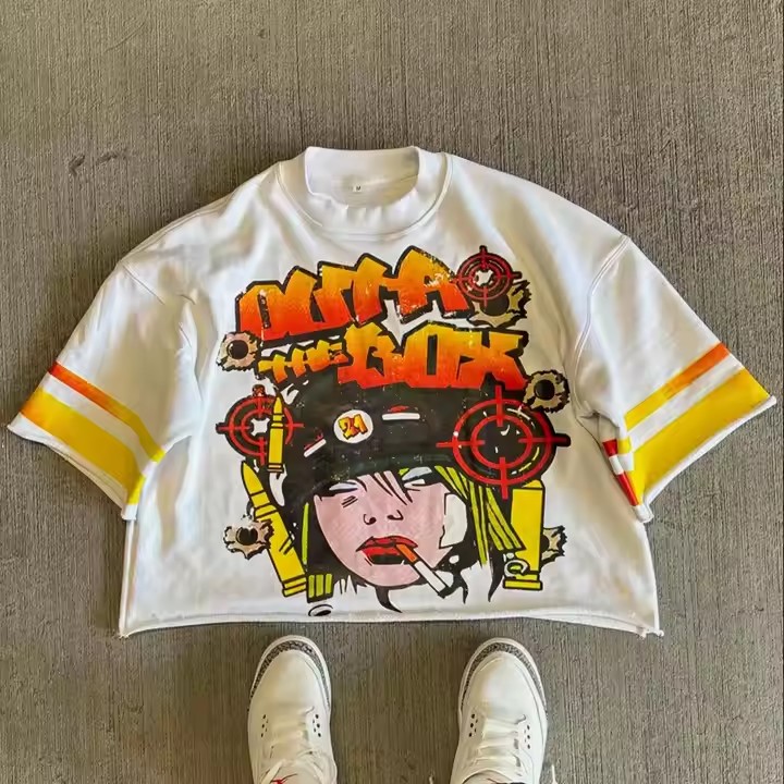 Custom High Quality Casual Streetwear Heavyweight French Terry Graphic Boxy Cropped Silk Screen Printed Retro T-Shirt