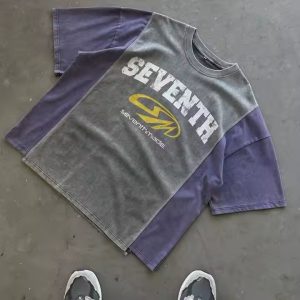 Custom Streetwear Screen Printing Boxy Color Blocked T-Shirt Man Oversized Acid Wash Cut and Sew T Shirt for Men