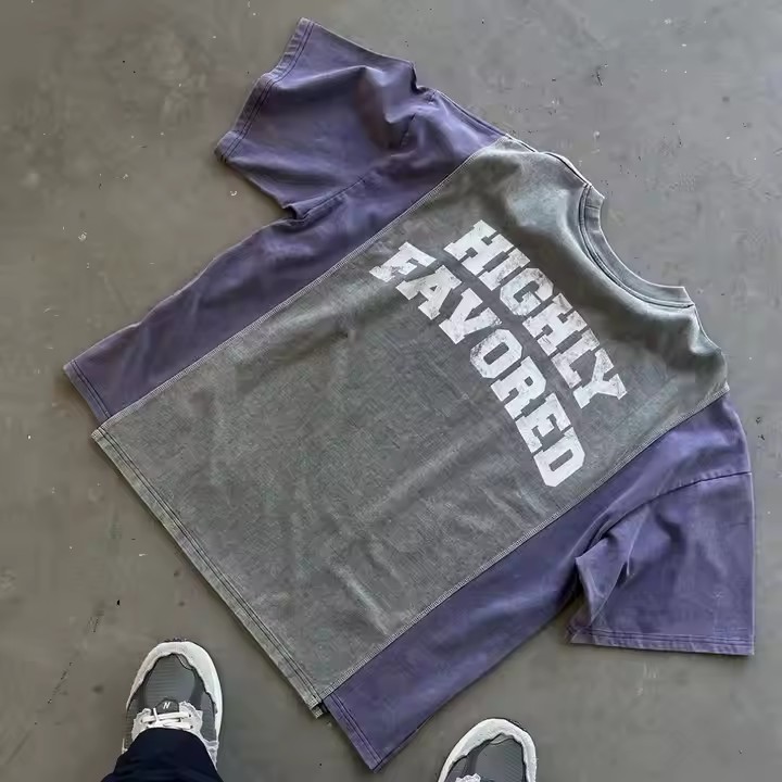 Custom Streetwear Screen Printing Boxy Color Blocked T-Shirt Man Oversized Acid Wash Cut and Sew T Shirt for Men
