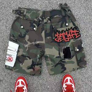 Custom All Over Printed Camouflage Embroidery Ripped Distressed Cargo Camo Jorts Jeans Denim Cargo Shorts for Men
