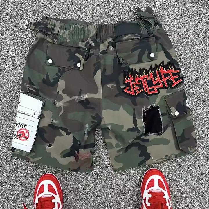 Custom All Over Printed Camouflage Embroidery Ripped Distressed Cargo Camo Jorts Jeans Denim Cargo Shorts for Men