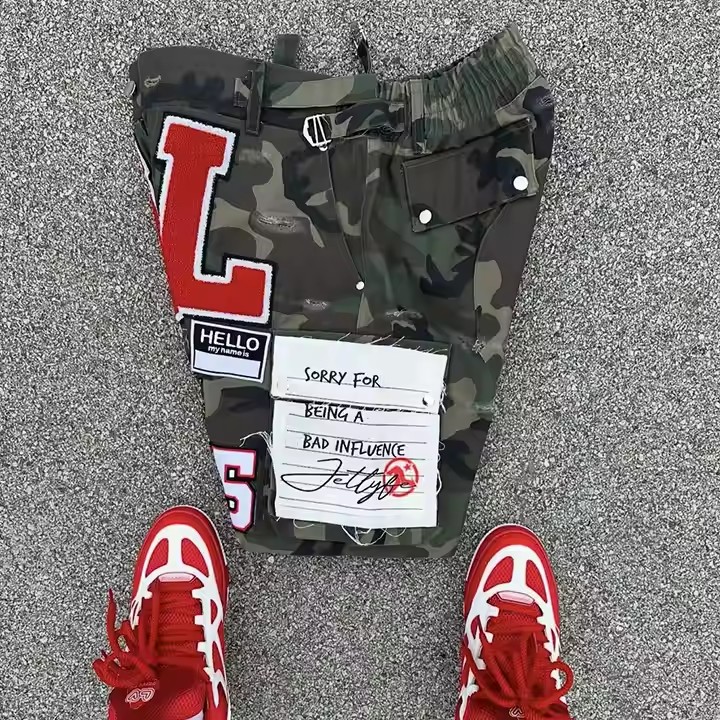 Custom All Over Printed Camouflage Embroidery Ripped Distressed Cargo Camo Jorts Jeans Denim Cargo Shorts for Men