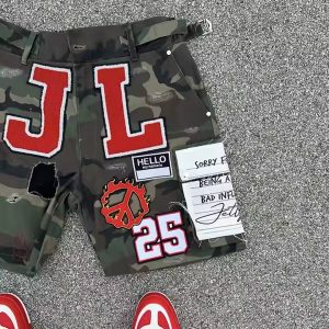 Custom All Over Printed Camouflage Embroidery Ripped Distressed Cargo Camo Jorts Jeans Denim Cargo Shorts for Men