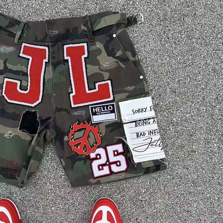Custom All Over Printed Camouflage Embroidery Ripped Distressed Cargo Camo Jorts Jeans Denim Cargo Shorts for Men