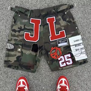 Custom All Over Printed Camouflage Embroidery Ripped Distressed Cargo Camo Jorts Jeans Denim Cargo Shorts for Men