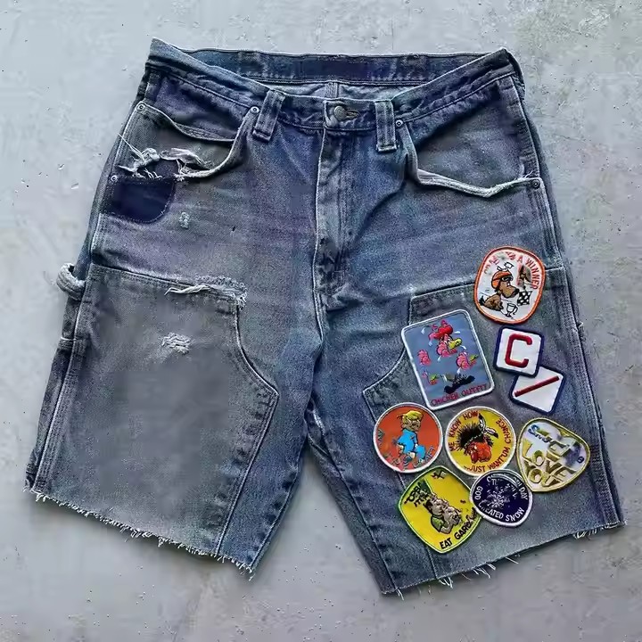 Custom 2025 Carpenter Acid Wash Cut Edge Distressed Applique Embroidery Patch Streetwear Jorts Denim Shorts Men