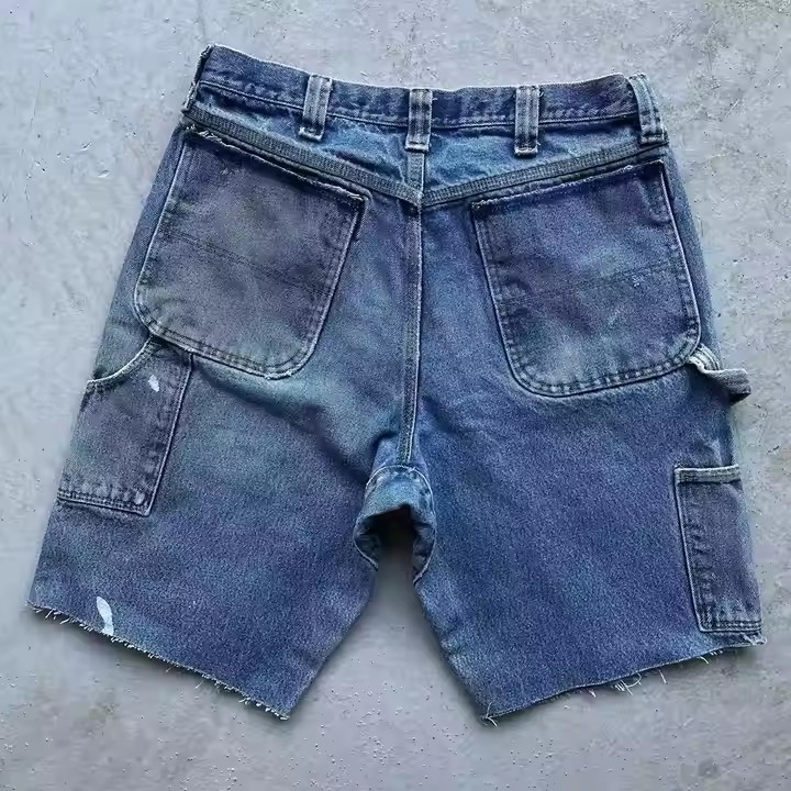 Custom 2025 Carpenter Acid Wash Cut Edge Distressed Applique Embroidery Patch Streetwear Jorts Denim Shorts Men