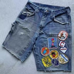 Custom 2025 Carpenter Acid Wash Cut Edge Distressed Applique Embroidery Patch Streetwear Jorts Denim Shorts Men