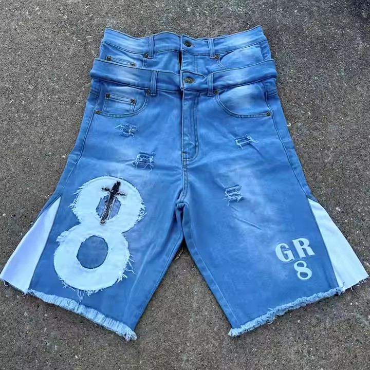 Custom Applique Patch Printed Double Waist Cotton Distressed Embroidery Acid Wash Baggy Men Ripped Flared Jeans Denim Shorts
