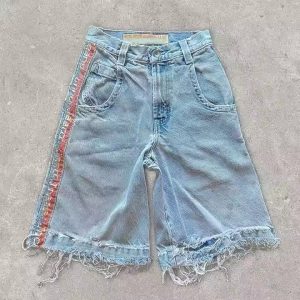 Custom Logo Washed Striped Raw Hem Cut Edge Denim Short Pants High Quality HeavyWeight Vintage Shorts Jeans for Men