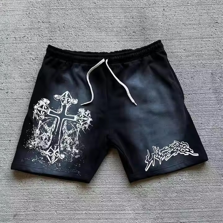 Custom Graphic Print Men Cropped Raw Hem Cotton French Terry Vintage Gym Running Fitness Vintage Acid Wash Shorts Men
