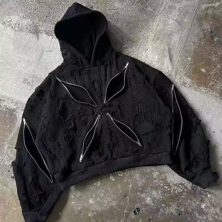 Custom Streetwear Distress Embroidered Patch Men's Acid-washed Sun Fade 500gsm Heavyweight Zipper Rhinestone Basic Hoodie