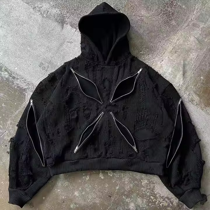 Custom Streetwear Distress Embroidered Patch Men's Acid-washed Sun Fade 500gsm Heavyweight Zipper Rhinestone Basic Hoodie
