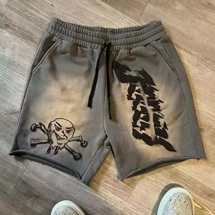OEM Custom Summer Sports Five Inch Sports Casual Cotton Shorts Men's Running Powder Puff Print Sweatshirt Shorts
