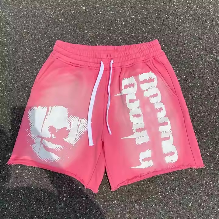 OEM Custom Summer Sports Five Inch Sports Casual Cotton Shorts Men's Running Powder Puff Print Sweatshirt Shorts