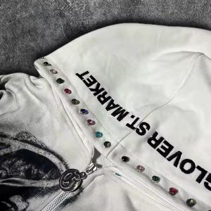 Custom Dirty Washed Zipper Rhinestone Hoodie Men Graphic Printed Logo French Terry Streetwear Vintage Distressed Hoodie