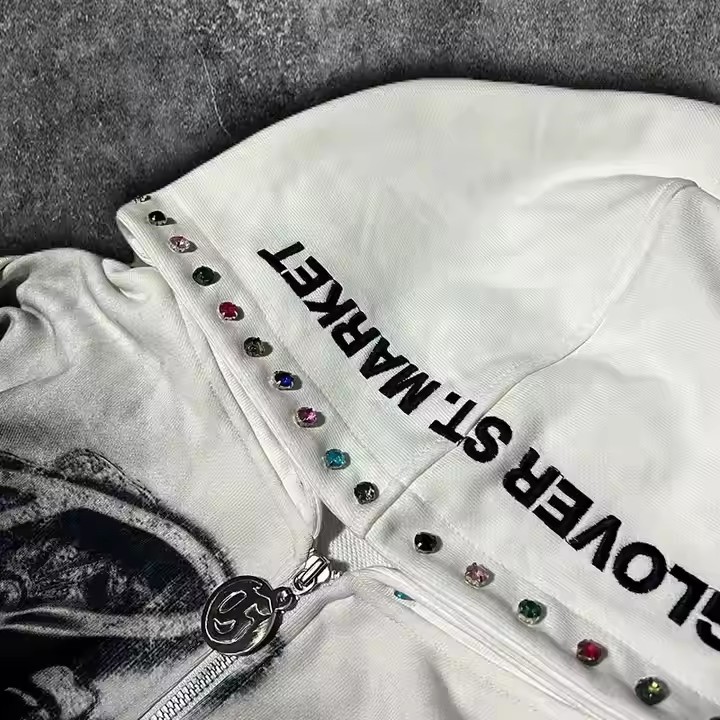 Custom Dirty Washed Zipper Rhinestone Hoodie Men Graphic Printed Logo French Terry Streetwear Vintage Distressed Hoodie