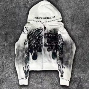 Custom Dirty Washed Zipper Rhinestone Hoodie Men Graphic Printed Logo French Terry Streetwear Vintage Distressed Hoodie