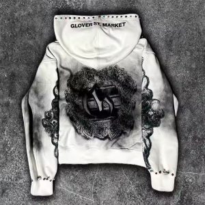 Custom Dirty Washed Zipper Rhinestone Hoodie Men Graphic Printed Logo French Terry Streetwear Vintage Distressed Hoodie