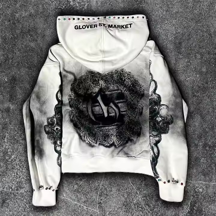 Custom Dirty Washed Zipper Rhinestone Hoodie Men Graphic Printed Logo French Terry Streetwear Vintage Distressed Hoodie
