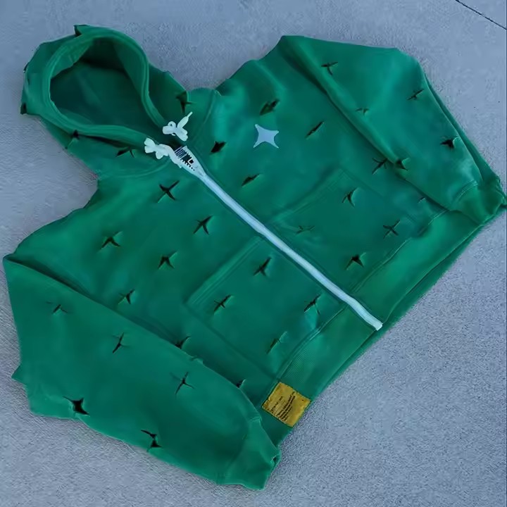 Custom 2025 New Streetwear 400 Gsm Heavyweight Oversized Green Acid Wash Vintage Ripped Hole Distressed Zip up Hoodie