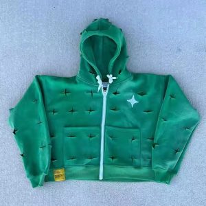 Custom 2025 New Streetwear 400 Gsm Heavyweight Oversized Green Acid Wash Vintage Ripped Hole Distressed Zip up Hoodie