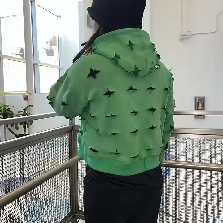 Custom 2025 New Streetwear 400 Gsm Heavyweight Oversized Green Acid Wash Vintage Ripped Hole Distressed Zip up Hoodie