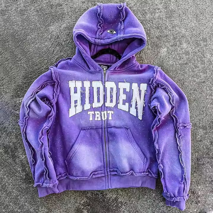 Custom 2025 Streetwear Heavy Weight Rhinestone Hoodie Reverse Stitch Patch Distressed Embroidery Vintage Washed Zip up Hoodie