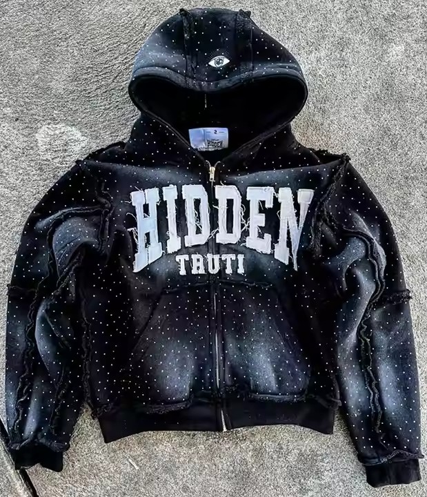 Custom 2025 Streetwear Heavy Weight Rhinestone Hoodie Reverse Stitch Patch Distressed Embroidery Vintage Washed Zip up Hoodie