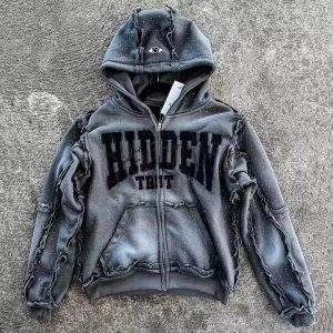 Custom 2025 Streetwear Heavy Weight Rhinestone Hoodie Reverse Stitch Patch Distressed Embroidery Vintage Washed Zip up Hoodie