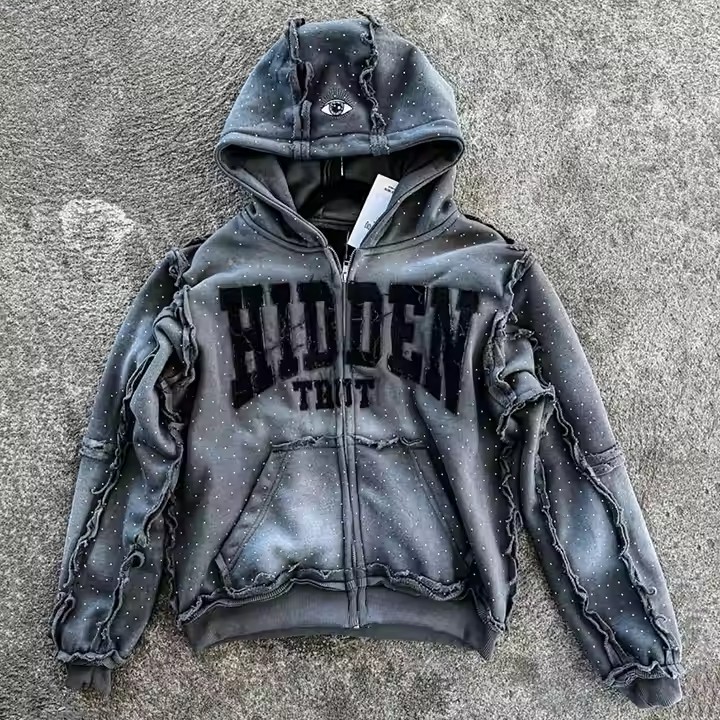 Custom 2025 Streetwear Heavy Weight Rhinestone Hoodie Reverse Stitch Patch Distressed Embroidery Vintage Washed Zip up Hoodie