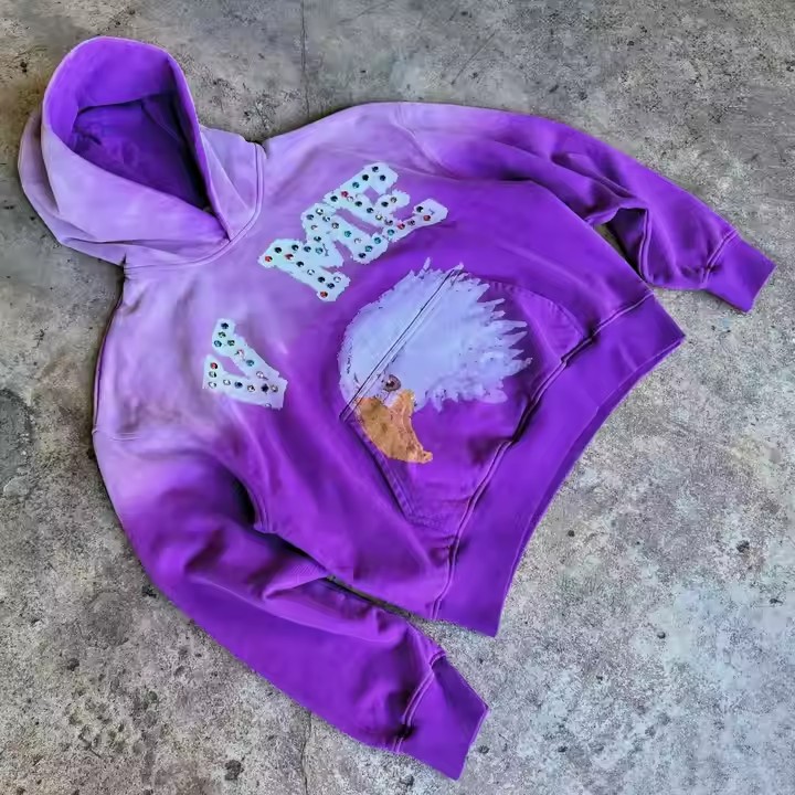 Clothing Manufacturer Custom Boxy Cropped Purple Washed Sun Faded 420 gsm Heavyweight Pullover Rhinestone Acid Wash Hoodie