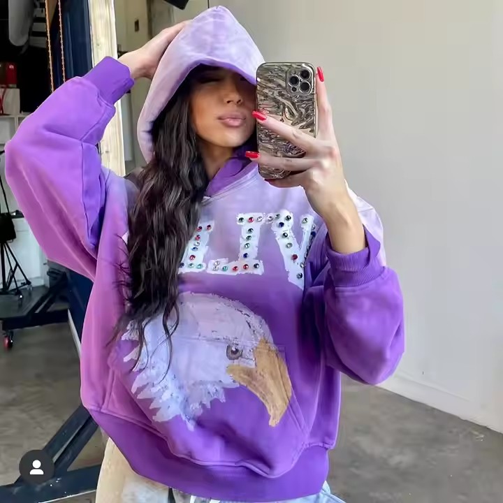 Clothing Manufacturer Custom Boxy Cropped Purple Washed Sun Faded 420 gsm Heavyweight Pullover Rhinestone Acid Wash Hoodie