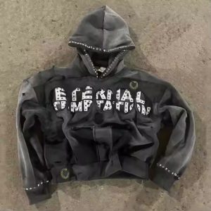 Custom 100% Cotton French Terry Patch Embroidery Rhinestone Acid Wash Rhinestone Distressed Boxy Cropped Pullover Hoodie Men